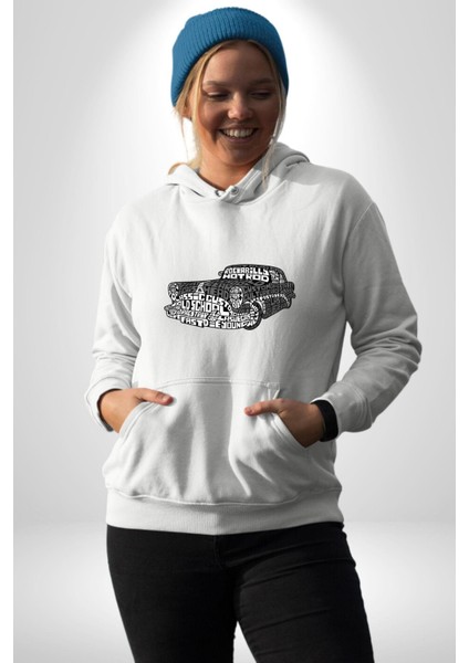 Naber Müdür Kaligram Ingiliz Taksi Kadın Erkek Baskılı Üç Iplik Beyaz Kapüşonlu Hodie Sweatshirt