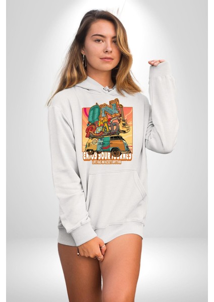 Yolculuğun Tadını Çıkart Barış Vosvosu Kadın Erkek Baskılı Üç Iplik Beyaz Kapüşonlu Hodie Sweatshirt modelleri