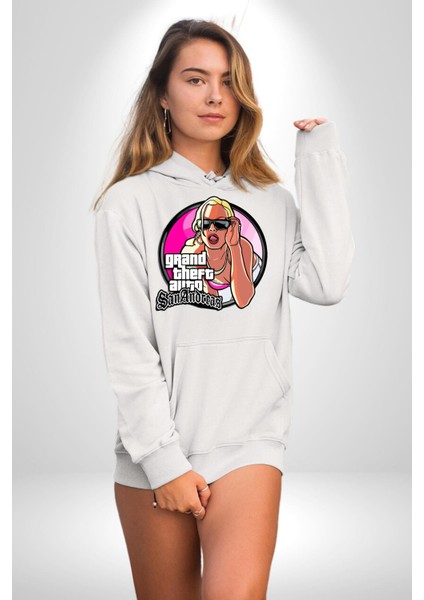 Gta San Andreas Logo Kadın Erkek Baskılı Üç Iplik Beyaz Kapüşonlu Hodie Sweatshirt