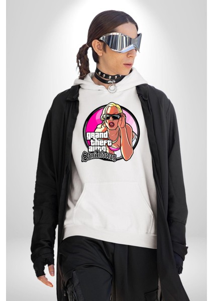 Gta San Andreas Logo Kadın Erkek Baskılı Üç Iplik Beyaz Kapüşonlu Hodie Sweatshirt fiyatları
