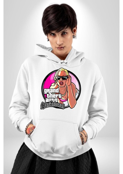 Gta San Andreas Logo Kadın Erkek Baskılı Üç Iplik Beyaz Kapüşonlu Hodie Sweatshirt modelleri