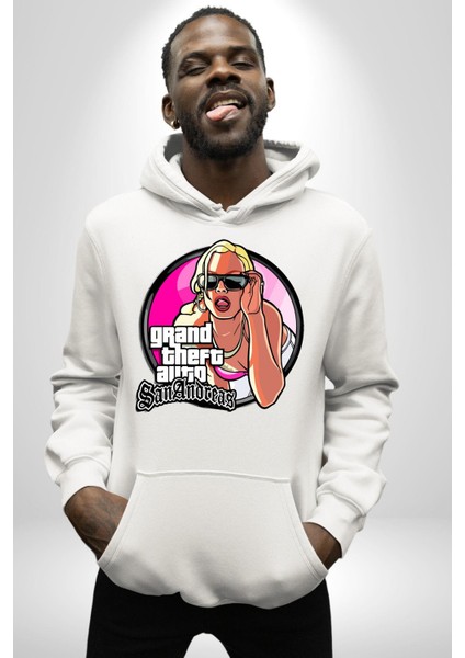 Gta San Andreas Logo Kadın Erkek Baskılı Üç Iplik Beyaz Kapüşonlu Hodie Sweatshirt fırsatları