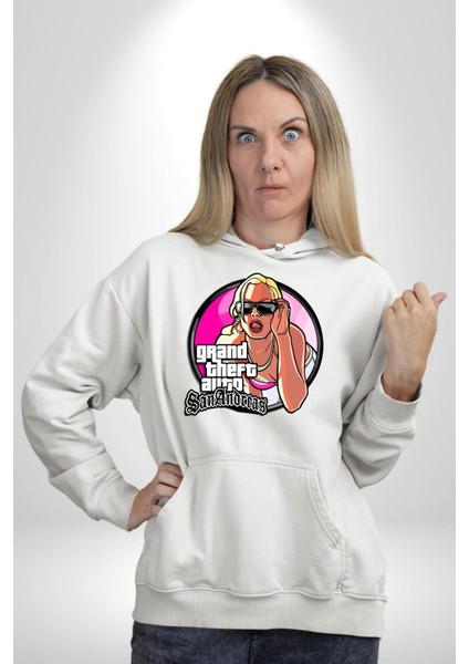 Gta San Andreas Logo Kadın Erkek Baskılı Üç Iplik Beyaz Kapüşonlu Hodie Sweatshirt indirimleri