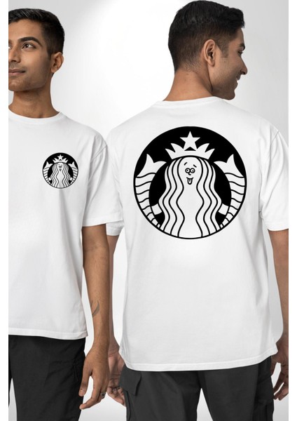 Komik Kadın Kafe Logo Kadın Erkek Ön Minimal Sırt Baskılı Beyaz Pamuklu Tişört