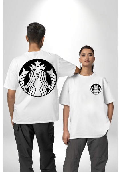 Komik Kadın Kafe Logo Kadın Erkek Ön Minimal Sırt Baskılı Beyaz Pamuklu Tişört fırsatları