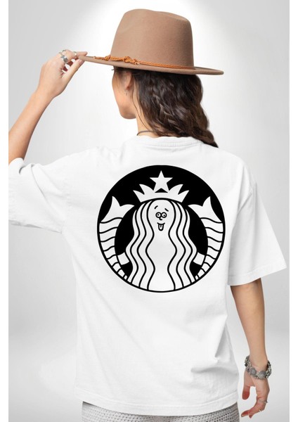 Komik Kadın Kafe Logo Kadın Erkek Ön Minimal Sırt Baskılı Beyaz Pamuklu Tişört indirimleri