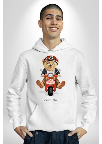 Motor Süren Oyuncak Ayı Kadın Erkek Baskılı Üç Iplik Beyaz Kapüşonlu Hodie Sweatshirt modelleri