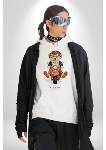 Motor Süren Oyuncak Ayı Kadın Erkek Baskılı Üç Iplik Beyaz Kapüşonlu Hodie Sweatshirt indirimleri