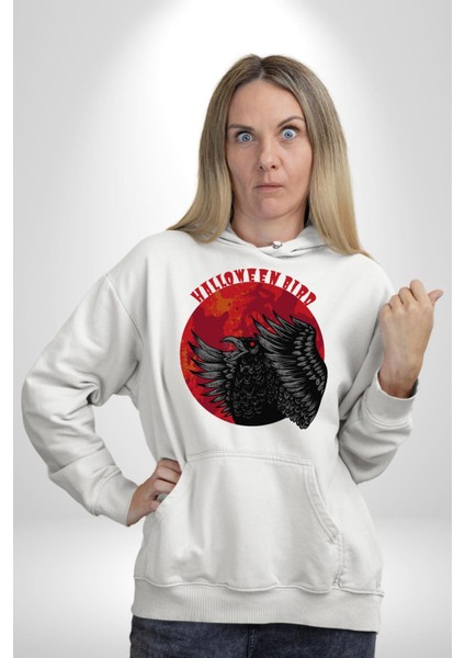 Cadılar Bayramı Kuşu Kadın Erkek Baskılı Üç Iplik Beyaz Kapüşonlu Hodie Sweatshirt