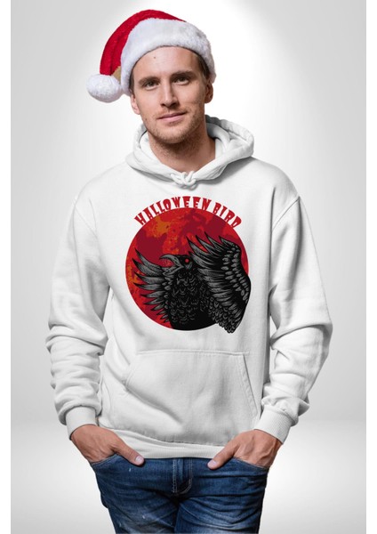 Cadılar Bayramı Kuşu Kadın Erkek Baskılı Üç Iplik Beyaz Kapüşonlu Hodie Sweatshirt