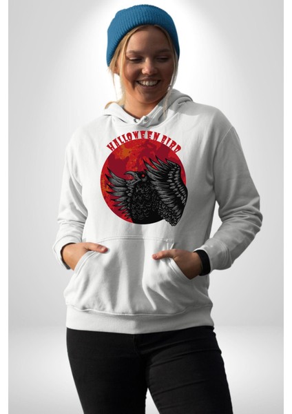 Cadılar Bayramı Kuşu Kadın Erkek Baskılı Üç Iplik Beyaz Kapüşonlu Hodie Sweatshirt