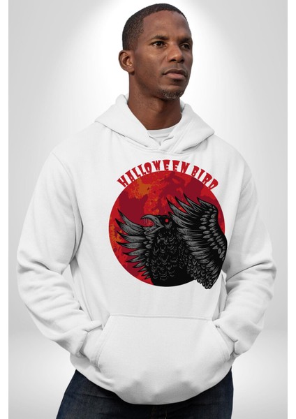 Cadılar Bayramı Kuşu Kadın Erkek Baskılı Üç Iplik Beyaz Kapüşonlu Hodie Sweatshirt