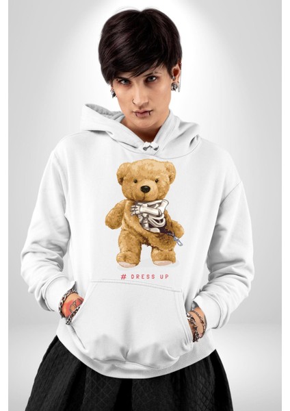 Iskelet Adam Oyuncak Tatlı Ayı Kadın Erkek Baskılı Üç Iplik Beyaz Kapüşonlu Hodie Sweatshirt