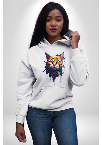 Astral Tatlı Kedi Kadın Erkek Baskılı Üç Iplik Beyaz Kapüşonlu Hodie Sweatshirt fiyatları
