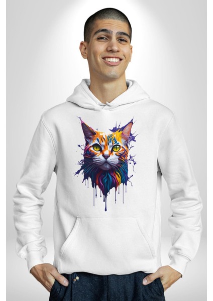 Astral Tatlı Kedi Kadın Erkek Baskılı Üç Iplik Beyaz Kapüşonlu Hodie Sweatshirt modelleri