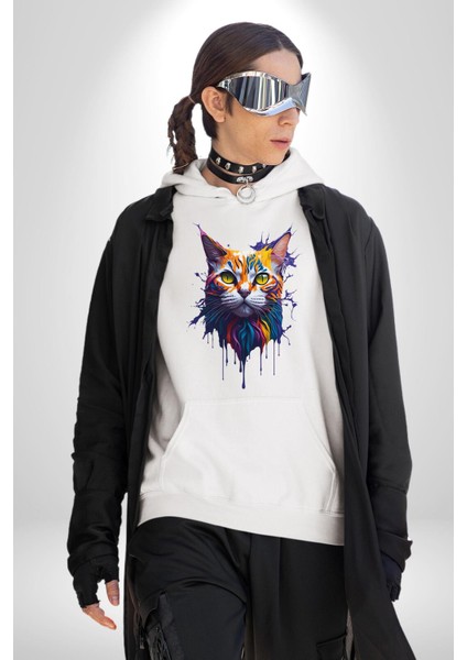 Astral Tatlı Kedi Kadın Erkek Baskılı Üç Iplik Beyaz Kapüşonlu Hodie Sweatshirt indirimleri