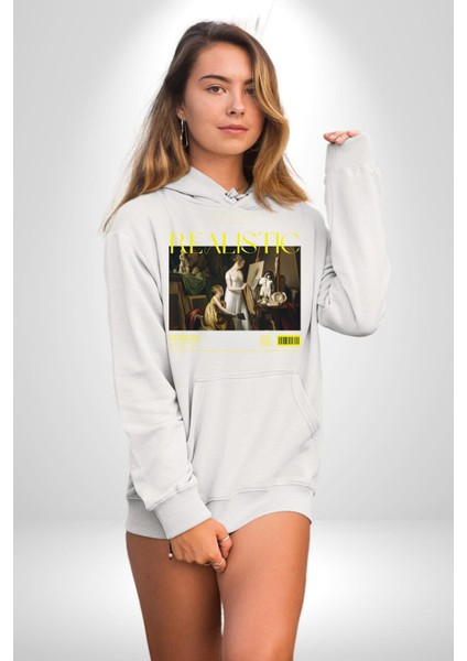 Realistik Orta Çağ Sanatçıları Kadın Erkek Baskılı Üç Iplik Beyaz Kapüşonlu Hodie Sweatshirt indirimleri