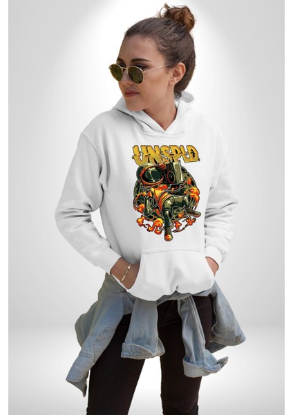 Ay Müzik Dinleyen Astronot Kadın Erkek Baskılı Üç Iplik Beyaz Kapüşonlu Hodie Sweatshirt