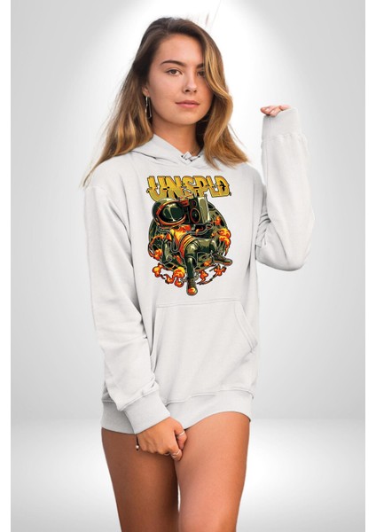 Ay Müzik Dinleyen Astronot Kadın Erkek Baskılı Üç Iplik Beyaz Kapüşonlu Hodie Sweatshirt fırsatları