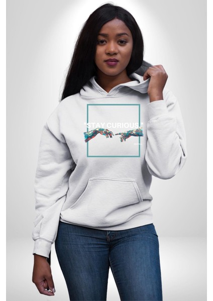 Michelangelo ve Adem Sanat Tablosu Kadın Erkek Baskılı Üç Iplik Beyaz Kapüşonlu Hodie Sweatshirt