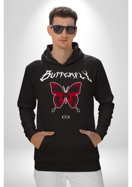 Rock Tarzı Kelebek Sokak Tarzı Kadın Erkek Baskılı Üç Iplik Siyah Kapüşonlu Hodie Sweatshirt