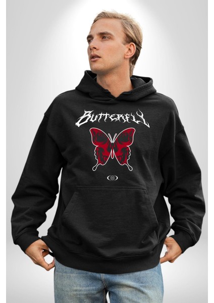 Rock Tarzı Kelebek Sokak Tarzı Kadın Erkek Baskılı Üç Iplik Siyah Kapüşonlu Hodie Sweatshirt