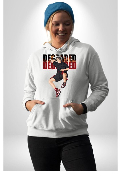 Monkey D Luffy Sokak Tarzı Kadın Erkek Baskılı Üç Iplik Beyaz Kapüşonlu Hodie Sweatshirt