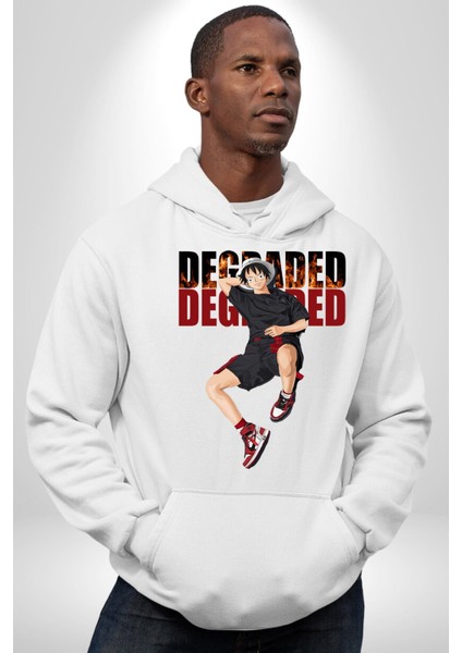 Monkey D Luffy Sokak Tarzı Kadın Erkek Baskılı Üç Iplik Beyaz Kapüşonlu Hodie Sweatshirt fiyatları