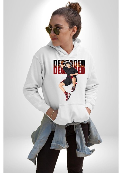 Monkey D Luffy Sokak Tarzı Kadın Erkek Baskılı Üç Iplik Beyaz Kapüşonlu Hodie Sweatshirt modelleri