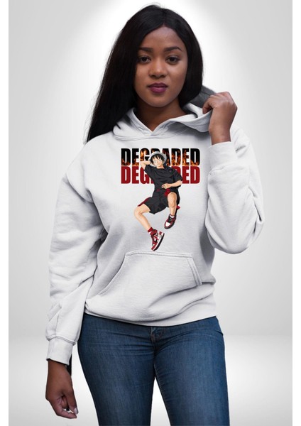 Monkey D Luffy Sokak Tarzı Kadın Erkek Baskılı Üç Iplik Beyaz Kapüşonlu Hodie Sweatshirt fırsatları