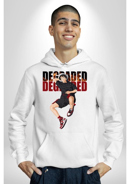 Monkey D Luffy Sokak Tarzı Kadın Erkek Baskılı Üç Iplik Beyaz Kapüşonlu Hodie Sweatshirt indirimleri