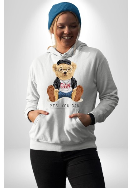 Evet Yapabilirsin Oyuncak Ayı Kadın Erkek Baskılı Üç Iplik Beyaz Kapüşonlu Hodie Sweatshirt modelleri