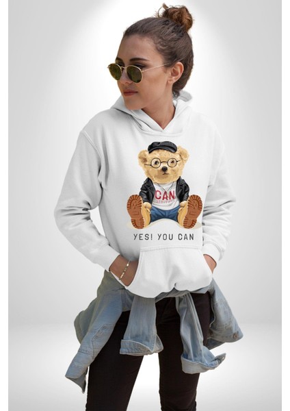 Evet Yapabilirsin Oyuncak Ayı Kadın Erkek Baskılı Üç Iplik Beyaz Kapüşonlu Hodie Sweatshirt indirimleri