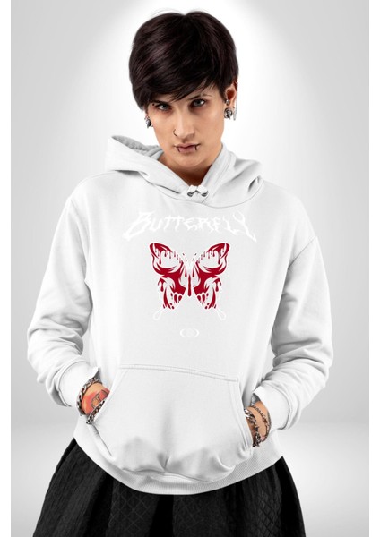 Rock Tarzı Kelebek Sokak Tarzı Kadın Erkek Baskılı Üç Iplik Beyaz Kapüşonlu Hodie Sweatshirt modelleri