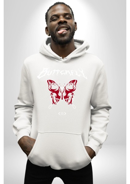 Rock Tarzı Kelebek Sokak Tarzı Kadın Erkek Baskılı Üç Iplik Beyaz Kapüşonlu Hodie Sweatshirt fırsatları