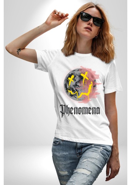 Gülen Grafiti Surat Kadın Erkek Ön Baskılı Beyaz Pamuklu Tişört Penye Klasik