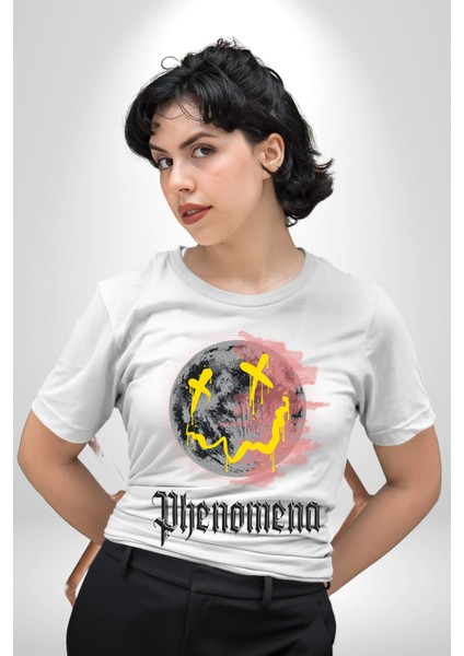 Gülen Grafiti Surat Kadın Erkek Ön Baskılı Beyaz Pamuklu Tişört Penye Klasik indirimleri