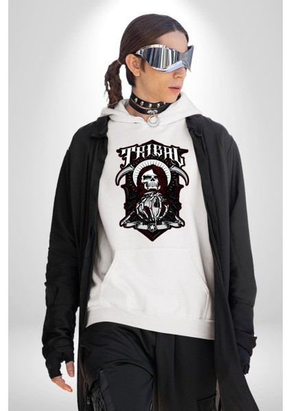 Dünyayı Tutan Kahin Iskelet Adam Kadın Erkek Baskılı Üç Iplik Beyaz Kapüşonlu Hodie Sweatshirt