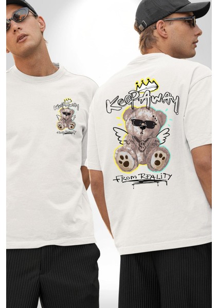 Oyuncak Ayı Sokaklar Kralı Kadın Erkek Ön Minimal Sırt Baskılı Beyaz Pamuklu Tişört fırsatları