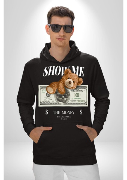 Amerikan Doları ve Oyuncak Ayı Kadın Erkek Baskılı Üç Iplik Siyah Kapüşonlu Hodie Sweatshirt