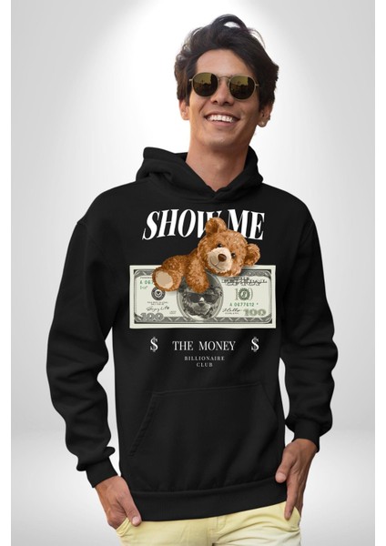 Amerikan Doları ve Oyuncak Ayı Kadın Erkek Baskılı Üç Iplik Siyah Kapüşonlu Hodie Sweatshirt fiyatları