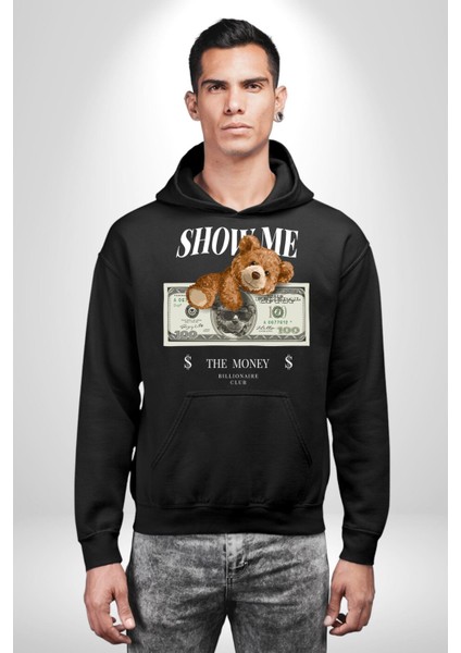 Amerikan Doları ve Oyuncak Ayı Kadın Erkek Baskılı Üç Iplik Siyah Kapüşonlu Hodie Sweatshirt indirimleri