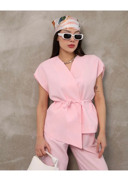 Premium Keten Kumaş Pembe T Kol Bağlamalı Yelek Pantolon Takım