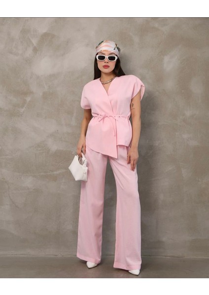 Premium Keten Kumaş Pembe T Kol Bağlamalı Yelek Pantolon Takım