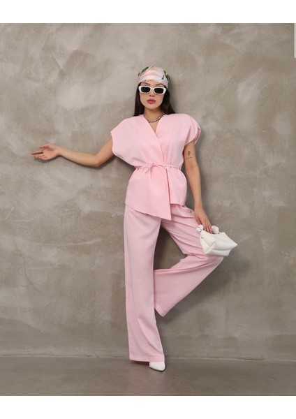 Premium Keten Kumaş Pembe T Kol Bağlamalı Yelek Pantolon Takım