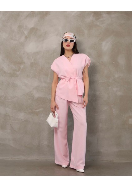 Premium Keten Kumaş Pembe T Kol Bağlamalı Yelek Pantolon Takım