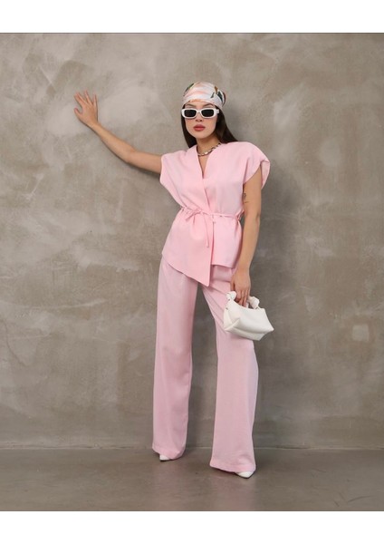 Premium Keten Kumaş Pembe T Kol Bağlamalı Yelek Pantolon Takım