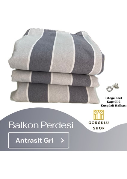 Demir Kuşgözü Halkalı ve Bağcıklı Pamuklu Kumaştan Antrasit Gri Balkon perdesi
