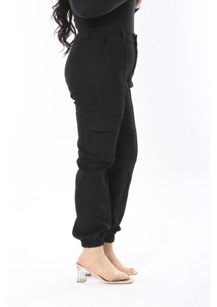 Kadın Büyük Beden Siyah Yüksek Bel Paçası Lastikli Çima Dikişli Kargo Cepli Kot Pantolon 65N38898