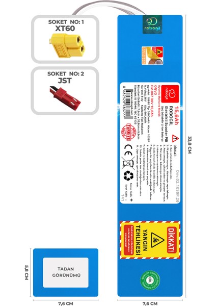 Onvo Ov-007 36v 15,6ah 10s6p Uyumlu Scooter Pil Paketi / Bataryası Onv.02.10s6p.26 Xt60 Jst
